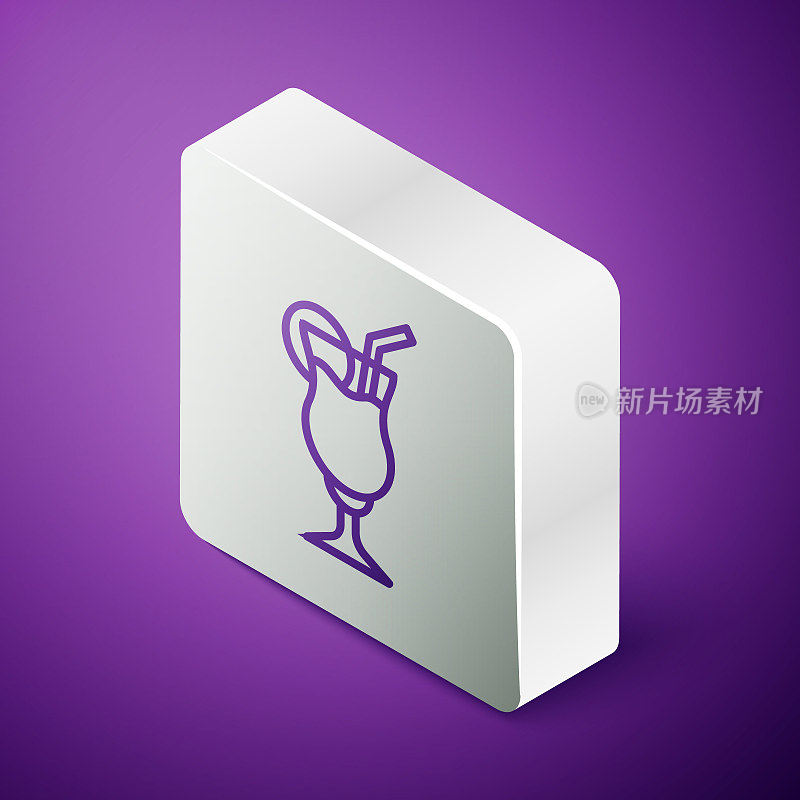 Isometric line Cocktail and alcohol drink icon isolated on purple background. Silver square button. Vector